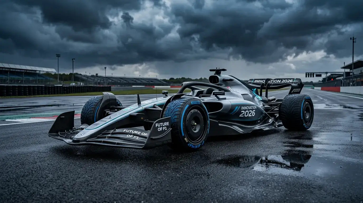 Moderne Formule 1 auto op circuit onder dramatische wolkenlucht