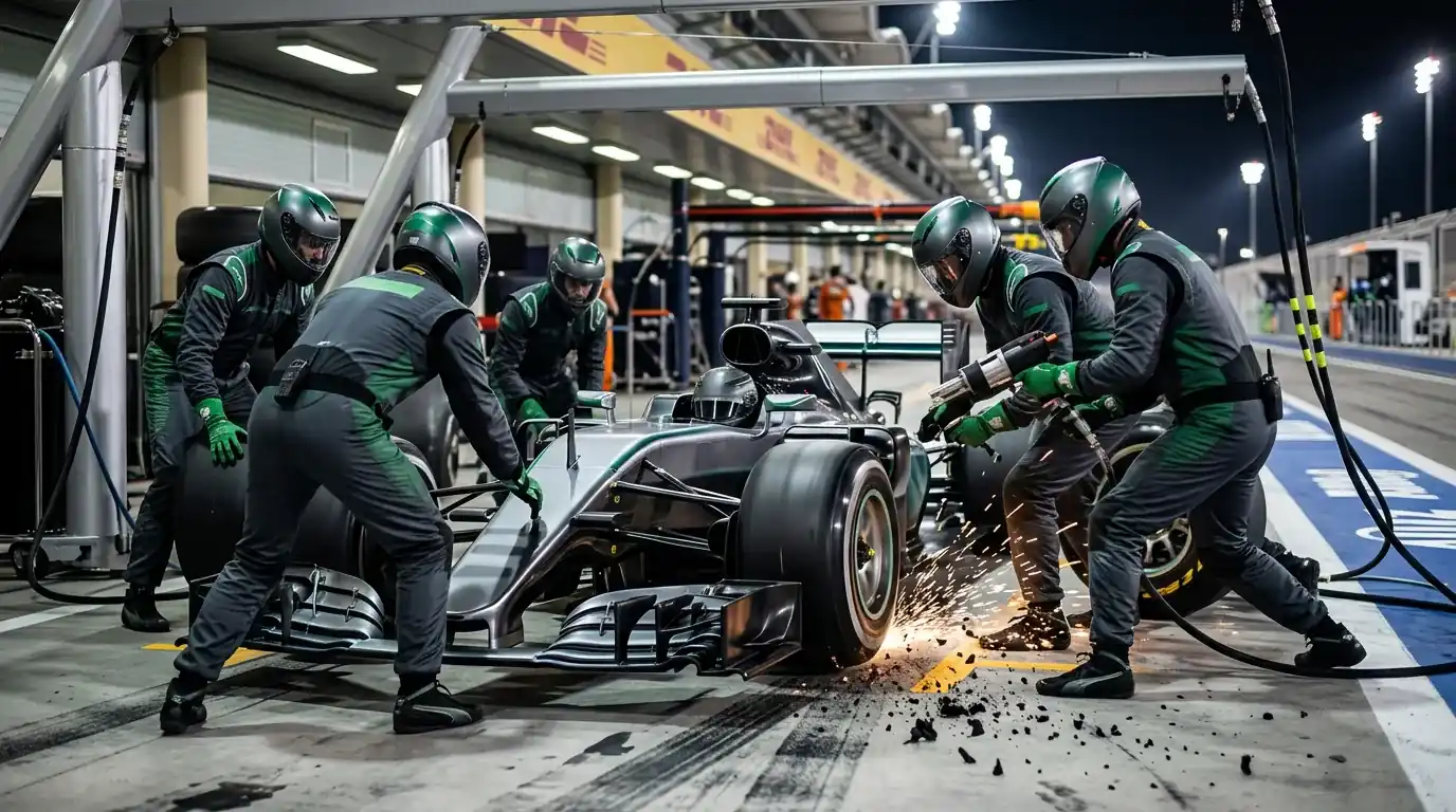 Formule 1 pitstop met bandenwissel tijdens Grand Prix race